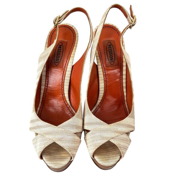 MISSONI Signature Leather Slingback 5" Platform Heel in Beige & Cream Size 7 - Picture 13 of 16